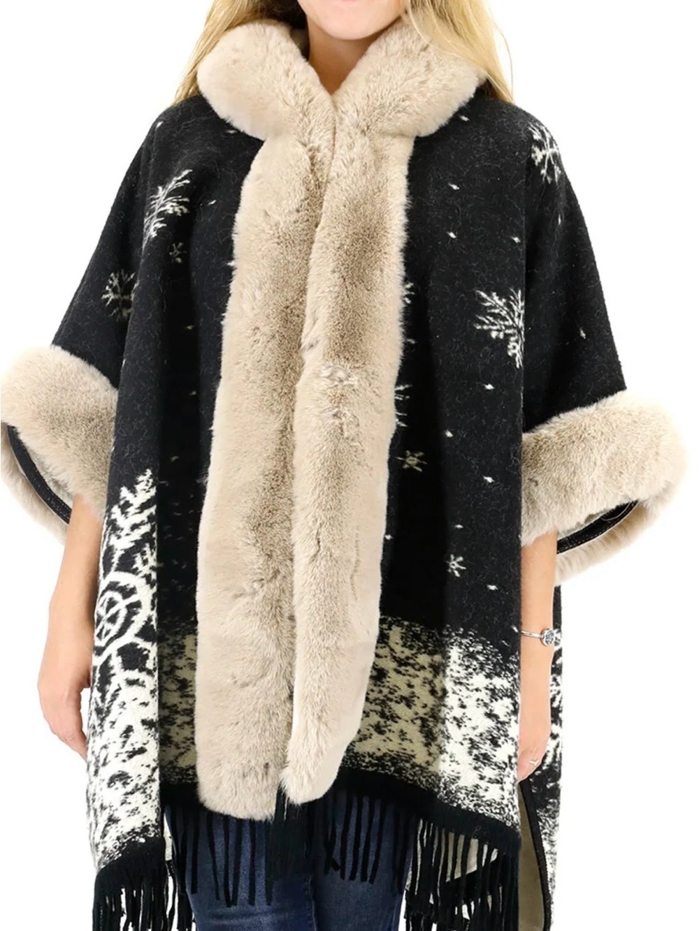 Black Poncho with Cream Faux Fur Trim - Cozy Winter Wrap
